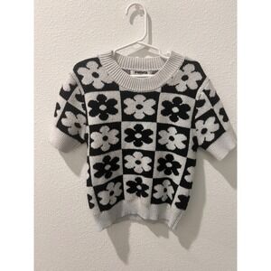 RSQ Girls‎ Floral Checkered Short Sleeve Sweater Black White Size Small